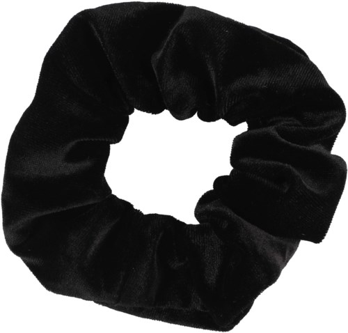 Ein schwarzes Stoff-Haargummi in kreisförmiger Form.