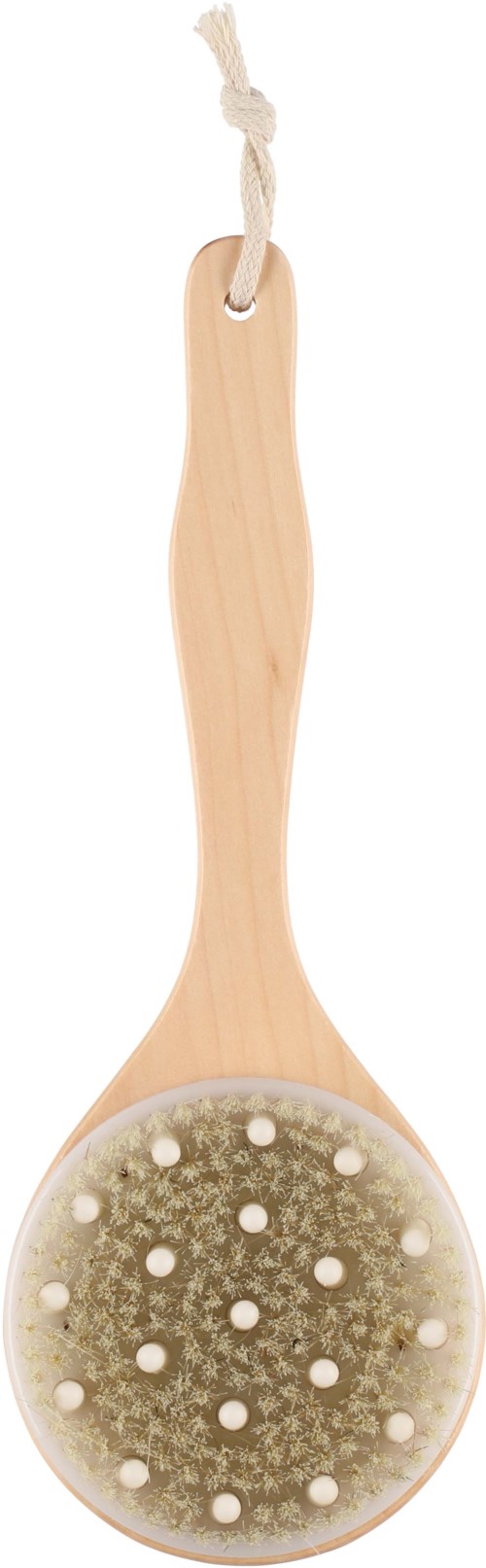 A wooden massager with a rope and round brushing surface with white tips.