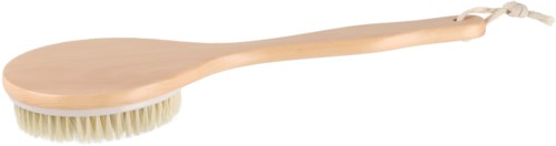 A long wooden brush with a handle and white bristles, hanging on a string.