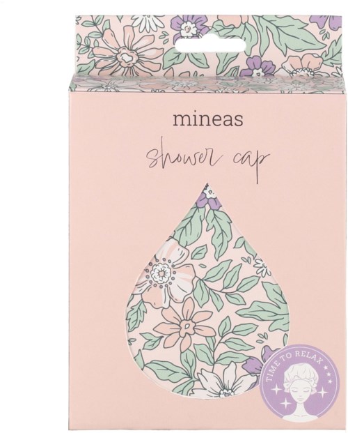 Et dusjkupe i rosa innpakning med blomstermønster og en rund logo som sier 'Time to relax'.