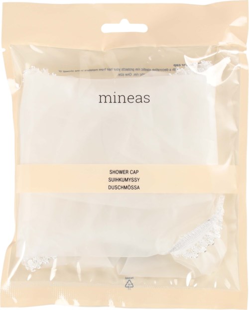 Ett förpackat duschlock med märket Mineas, i klar plast med beige och vita detaljer.