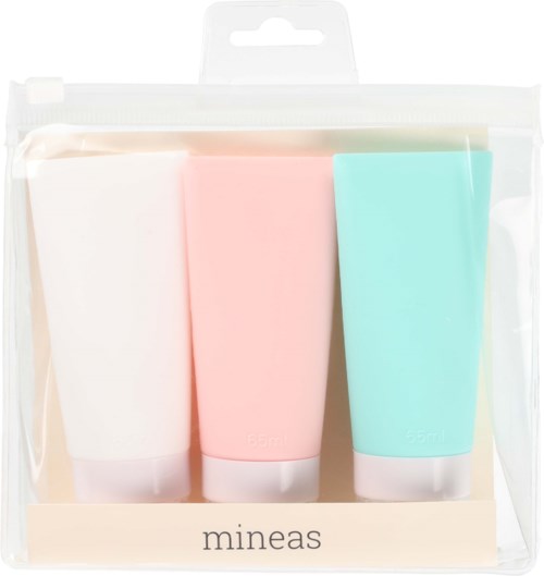 Tre farverige rør i en gennemsigtig pose mærket 'mineas'.
