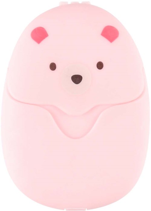 It is a cute, pink, bear-shaped object with small ears and a simple face. It looks soft and friendly.