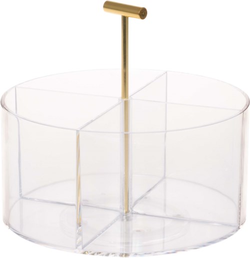 A transparent stand with a gold handle, divided into multiple sections, is displayed.