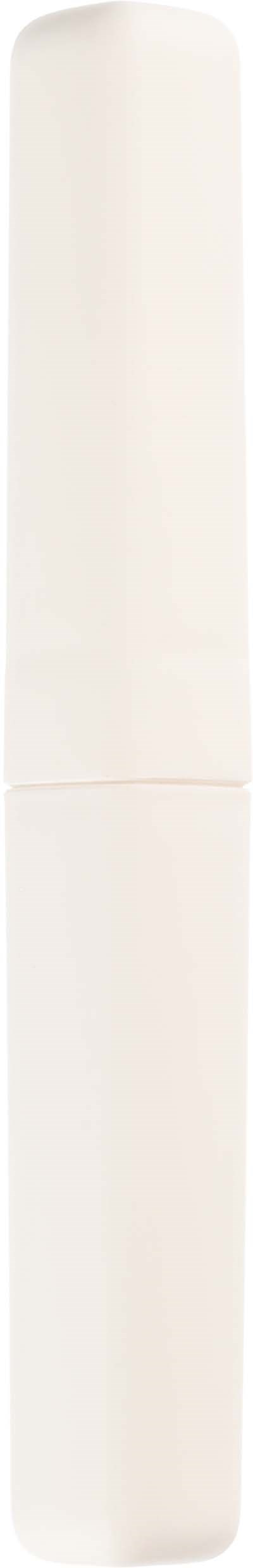 A white vertical cylindrical object, tall and sleek, with a smooth surface and rounded edges.