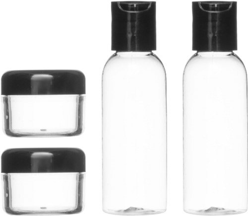 Two small jars and two taller bottles with black caps, all empty and clear. They are arranged neatly.