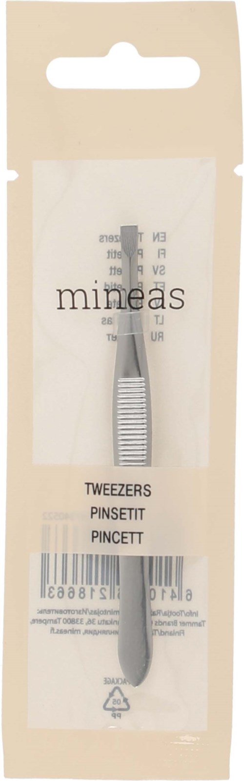 Et par rustfri pincetter i en gennemsigtig pakke med mærket "mineas". Pakken er beige med et ophængningshull.
