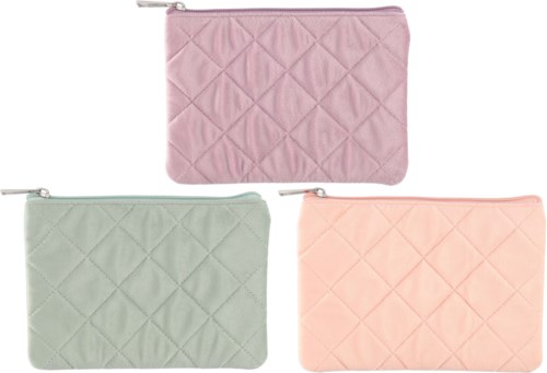 Three pastel-colored quilted zipper pouches in pink, green, and peach. Each has a silver zipper on top.