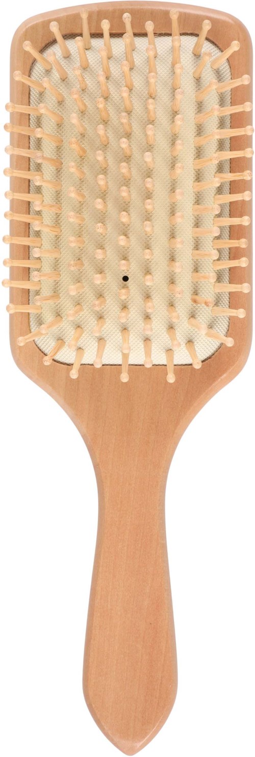 A wooden brush with a handle, featuring soft bristles arranged in rows for combing hair.