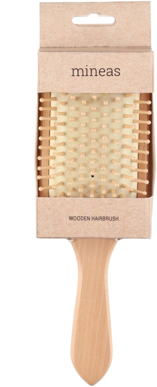 A wooden hairbrush with a beige handle and wide, rounded bristles, in a beige box labeled 'mineas' and 'wooden hairbrush.'