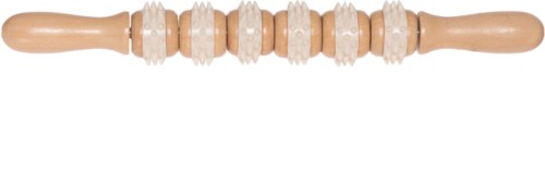 A rolling pin with a striped design and various rings around its middle, used in baking.