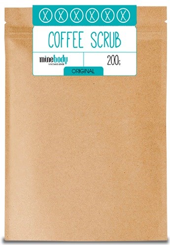 En brun papperspåse med en etikett som säger kaffeskrub, original, 200g och några dekorativa cirklar högst upp.