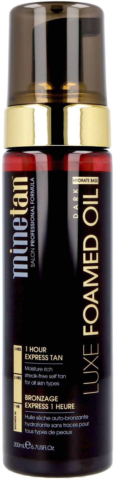 Flaskor för skumolja för solbränna, i svart, guld och rött, märkt "Minutean" och "Luxe Foamed Oil."