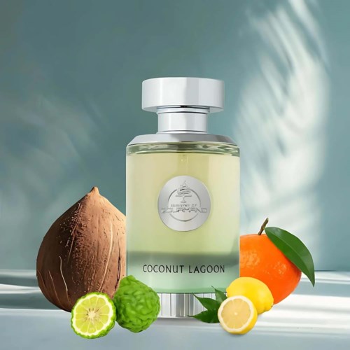 Butelka perfum o nazwie 'Coconut Lagoon' otoczona kokos, gorzką melonią, cytrusami i pomarańczą z liściem.