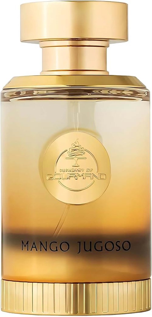 Butelka perfum z złotą zakrętką i etykietą, oznaczona Mango Jugoso, zaprojektowana w eleganckich złotych i przezroczystych kolorach.