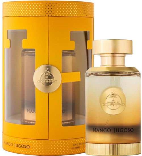 Żółte pudełko z dwoma butelkami perfum wewnątrz i dużą butelką na zewnątrz oznaczoną Mango Jugoso.