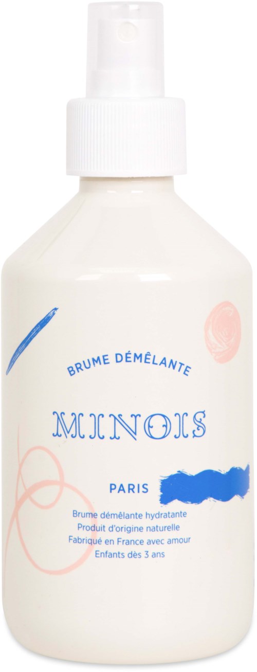 Hvid sprayflaske med pink og blå design, mærket "MINOINS" Paris, mild fugtighedscreme til børn.