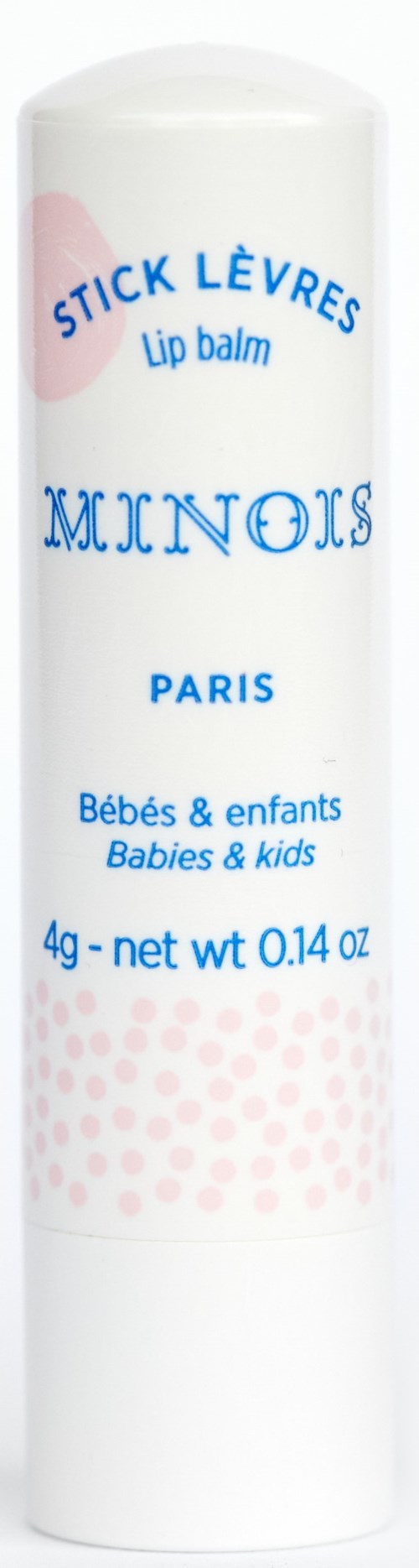 En hvid cylindrisk læbepomade til babyer og børn, med blå og pink tekst og design, lavet i Paris.