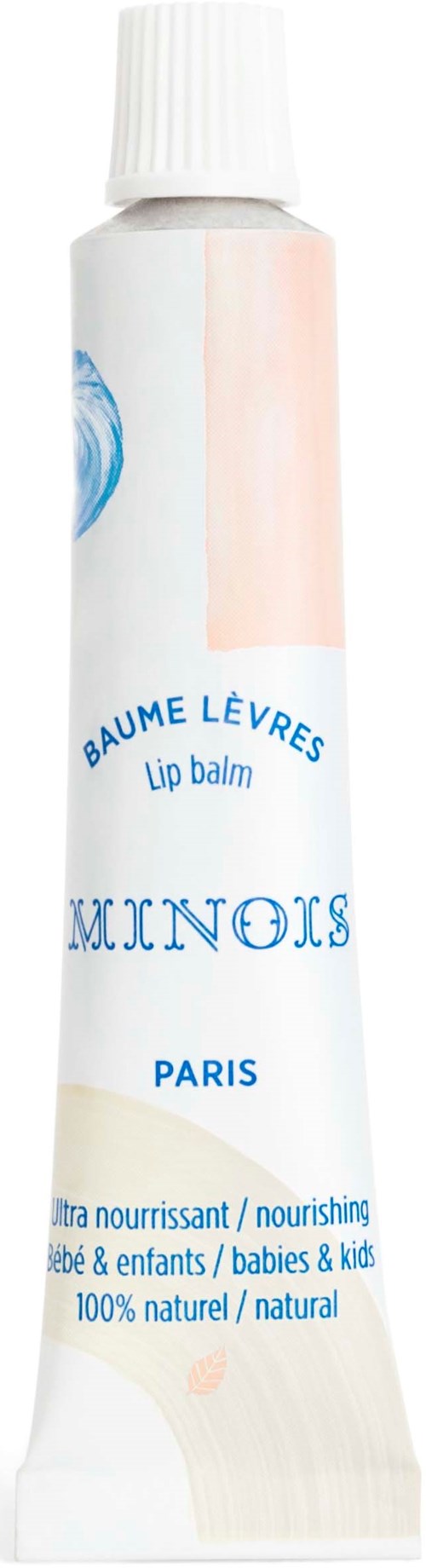 A white tube of lip balm with blue and pink accents, labeled in French, from the brand 'STOIN', Paris, natural ingredients.