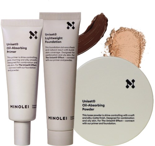 Produkty do makijażu obejmują primer, podkład, puder i cień do powiek w neutralnych odcieniach.