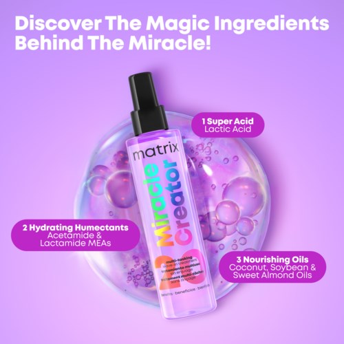 En hudvårdsprodukt som heter Matrix Miracle Creator med tre ingredienser: mjölksyra, fuktighetsbevarande ämnen och närande oljor.