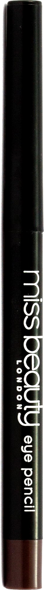 En svart eyeliner-penna med vitt text och brunt tips, märkt 'miss beauty eye pencil'.