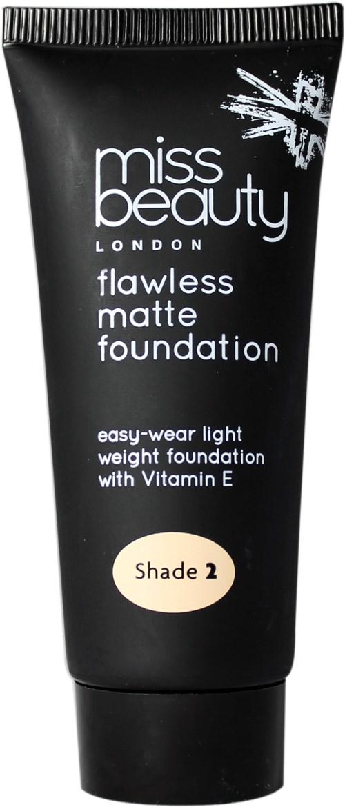 En svart tube med Miss Beauty London foundation med hvit og beige tekst, merket som nyanse 2.