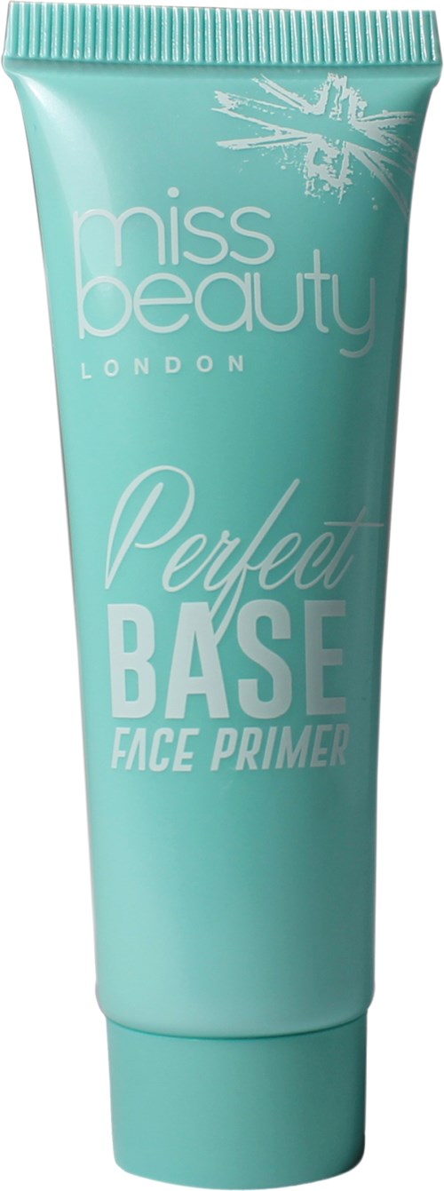 En ljusblå tub med Miss Beauty London Perfect Base Face Primer med vit text.