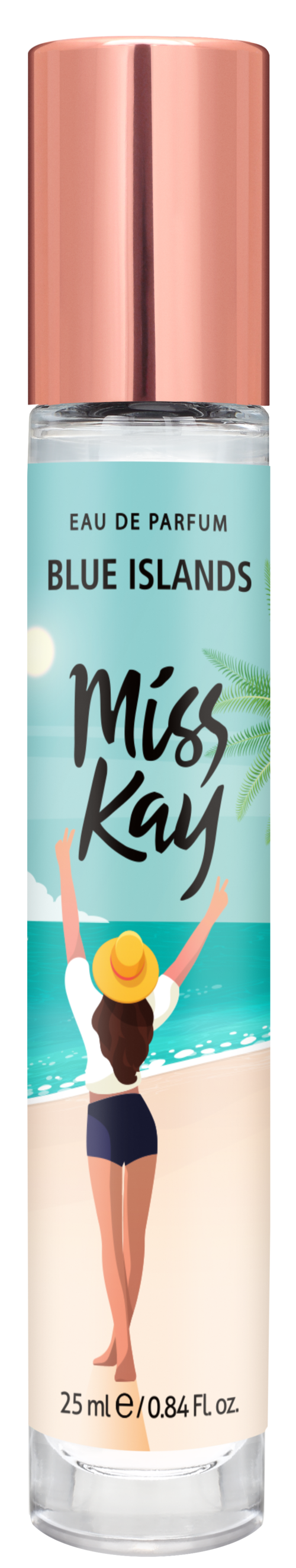 En parfyllflaska märkt Miss Kay med en teckning av en tjej på stranden, bärande hatt och baddräkt.