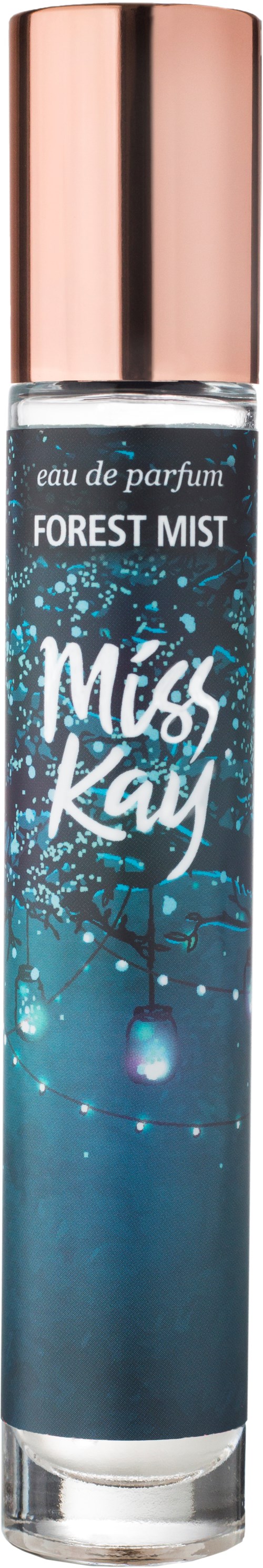 En parfymflaska med etiketten "Forest Mist" av Miss Kay med rosa kork och blå dimmigt design.