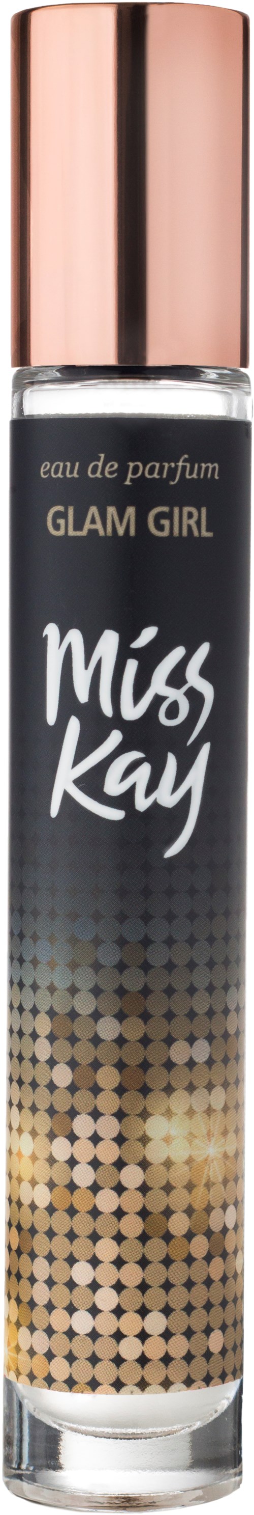 En parfynflaska med svart, guld och rosa färger, märkt 'Miss Kay' och 'Glam Girl' för kvinnor.
