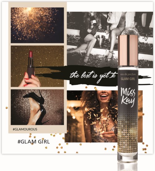 En collage med glittrar, kvinnor som har roligt, läppstift, en hög klack och en parfymflaska som firar glamour och glädje.
