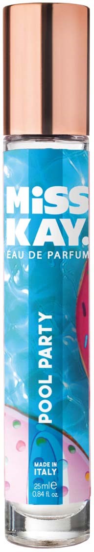 En parfymflaska märkt 'Miss Kay Eau de Parfum' med blå och rosa design, och en roséguldcap.