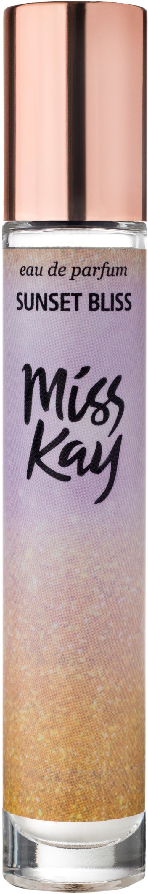 A tall perfume bottle with a rose gold cap and gradient purple to golden glow label.