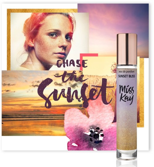 A perfume bottle named 'Sunset Bliss' beside sunset photos, a woman's face with red hair, and watercolor artwork.