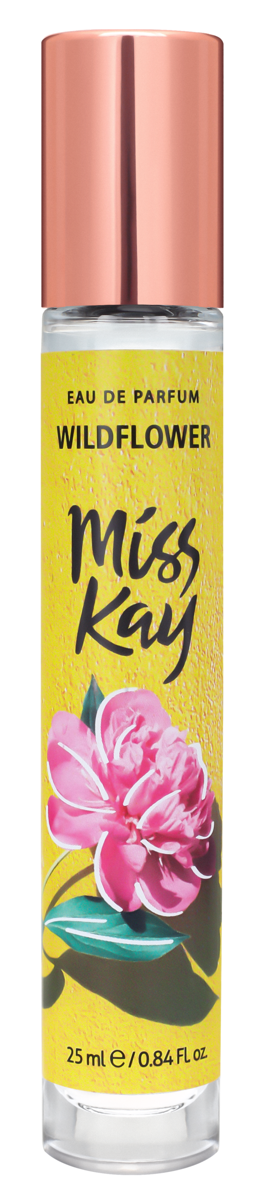 A small perfume bottle with a pink cap, yellow label, pink flower, and green leaves. Text says Miss Kai and Wildflower.