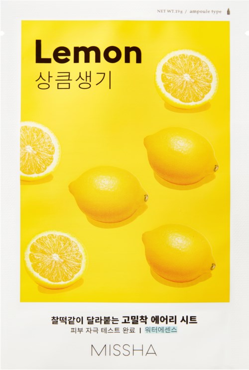 Gul bakgrunn med bilder av sitroner, noen hele og noen skivet, og tekst på engelsk og koreansk.