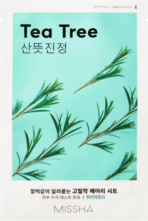Ett tepaket med gröna teeträdblad och koreansk och engelsk text, samt en liten växtillustration.