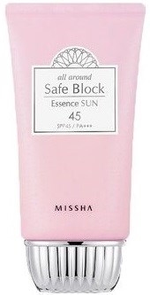 En rosa tub av Missha Safe Block essence sun solskyddsmedel med SPF 45.