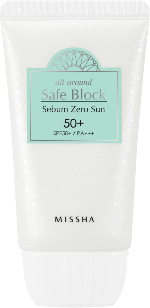 En vit tub med Missha solkräm med ljusgrönt märke, visar SPF 50+ och ett milt solskyddsmeddelande.