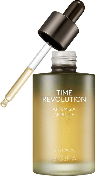 Eine Flasche Serum mit Pipette, gekennzeichnet "Time Revolution Artemisia Ampoule" von Missha.