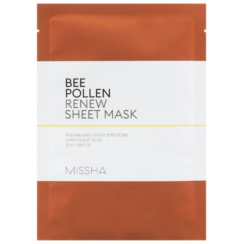 Et ansiktsmask-pakke merket 'MISSHA' med hvite og oransje farger, fremmer hudfornyelse og beskyttelse.