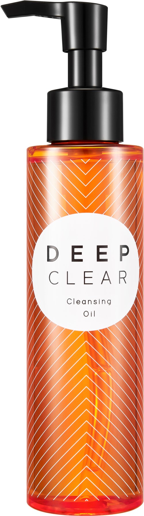 En lång flaska med orange- och rödtoner, märkt 'Deep Clear Cleansing Oil,' med en svart pump.