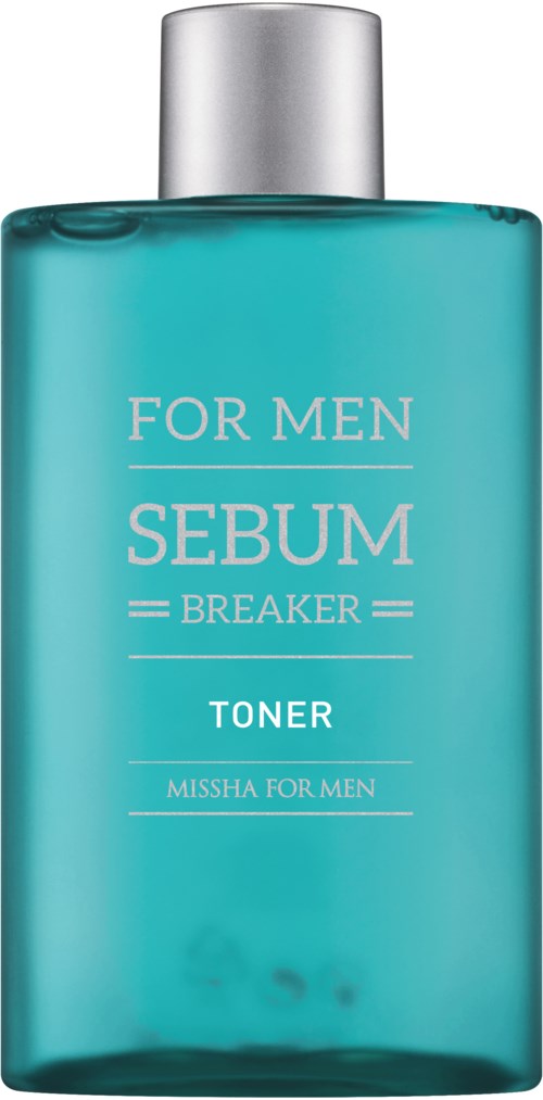 En tealfärgad flaska med silverlock, märkt 'For Men Sebum Breaker Toner' av Missha för hudvård.