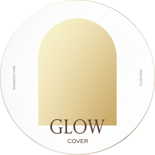 En rund makeupprodukt med en beige etiket, mærket "GLOW COVER." Den har ordene "SKIN COVERING" og "CUSHION" rundt kanten.