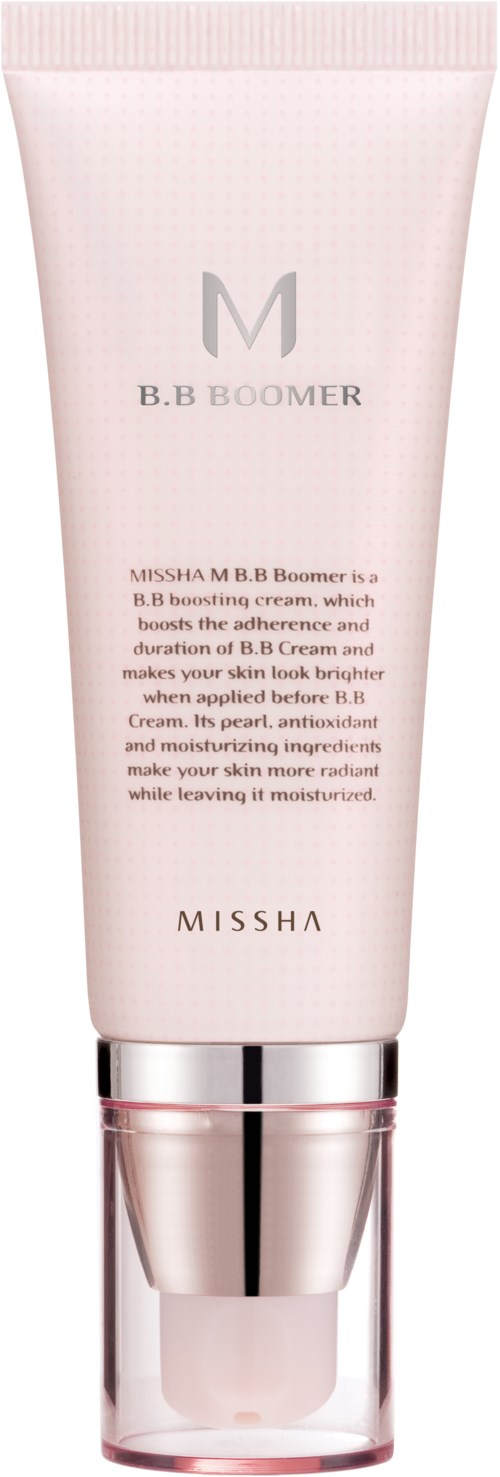 En rosa och silver tub med Missha B.B Boomer-kräm med text på förpackningen.