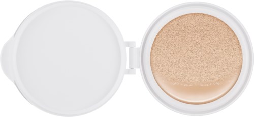 En beige sminksvamp i ett vitt runt fodral, med ett öppet lock.
