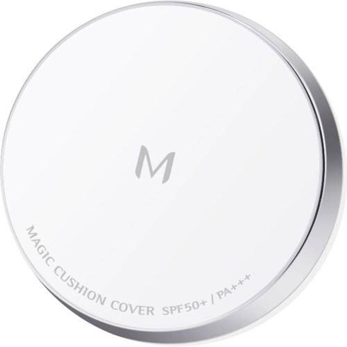 En rund, vit makeup-uthyllnad med silverkant, med ett enkelt grått 'M' och liten text längst ner.