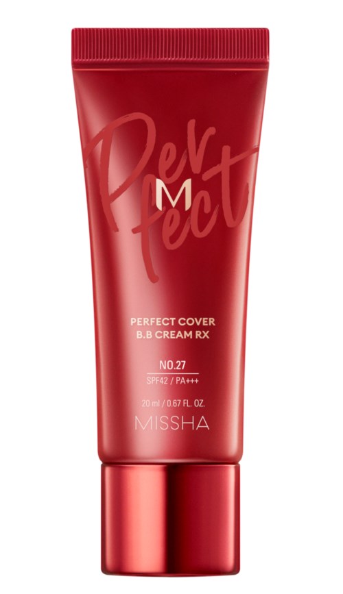 Röd tub med Missha Perfect Cover BB Cream RX med SPF 42 och PA+++ för huden.