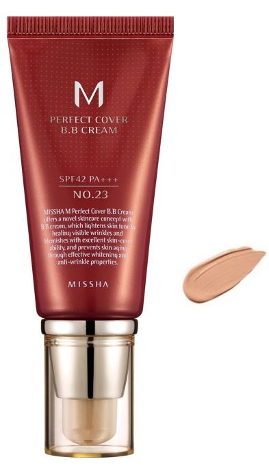 Rød tube med Missha Perfect Cover B.B. Cream med SPF 42, i en beige flette. Har sølv- og hvithette.